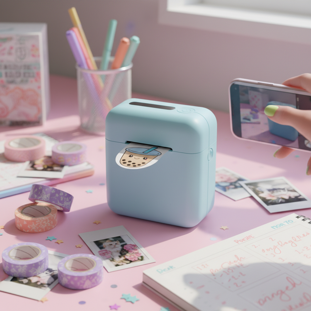Pocket thermal printer on pastel desk with journal supplies and stickers