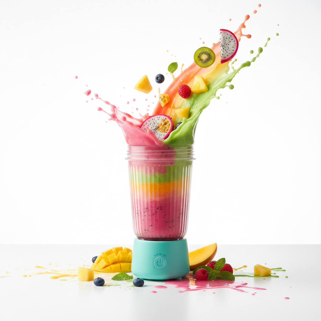Portable mini blender with tropical fruits and smoothie splash