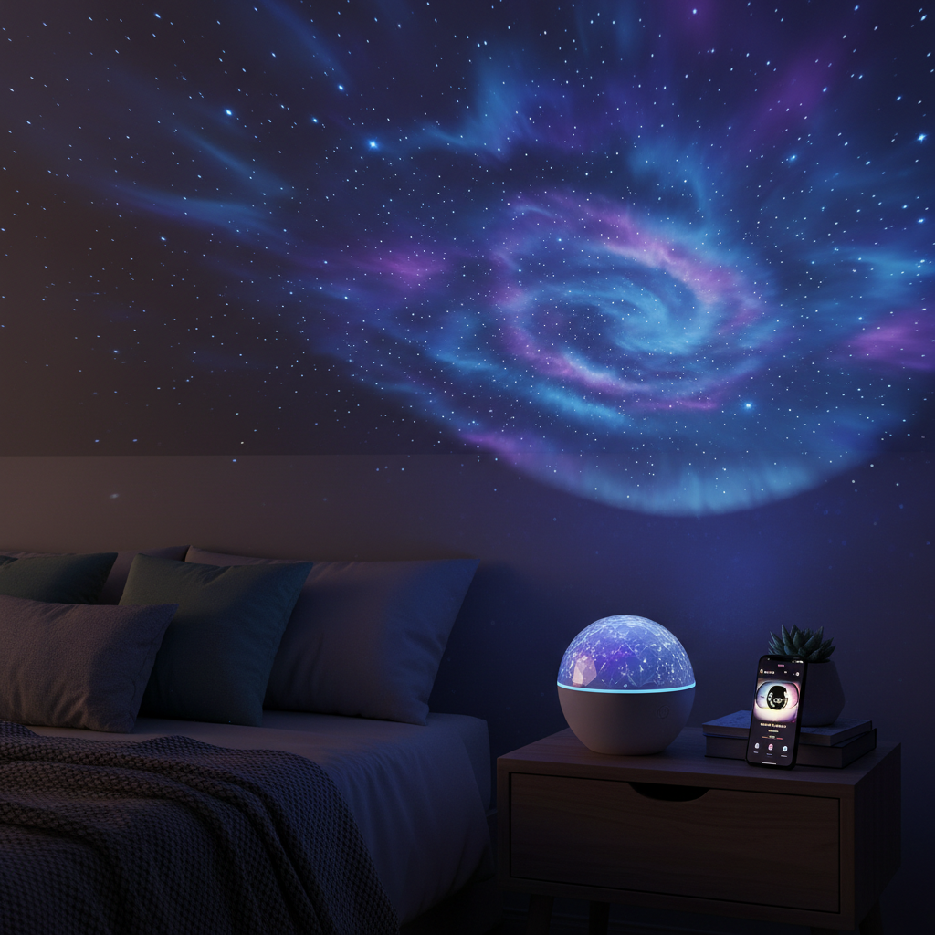 Galaxy star light projector casting starry night sky on bedroom ceiling