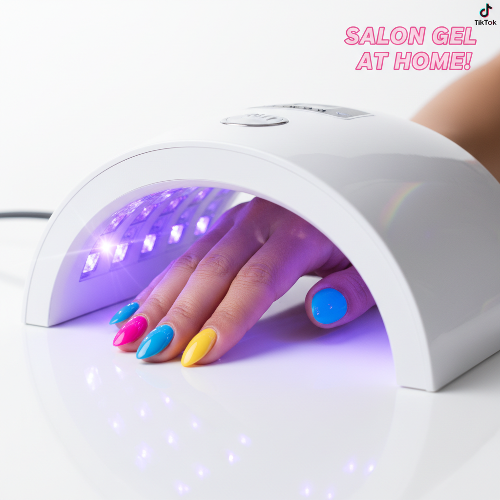 36W LED nail lamp with hand showing perfectly cured glossy gel nails