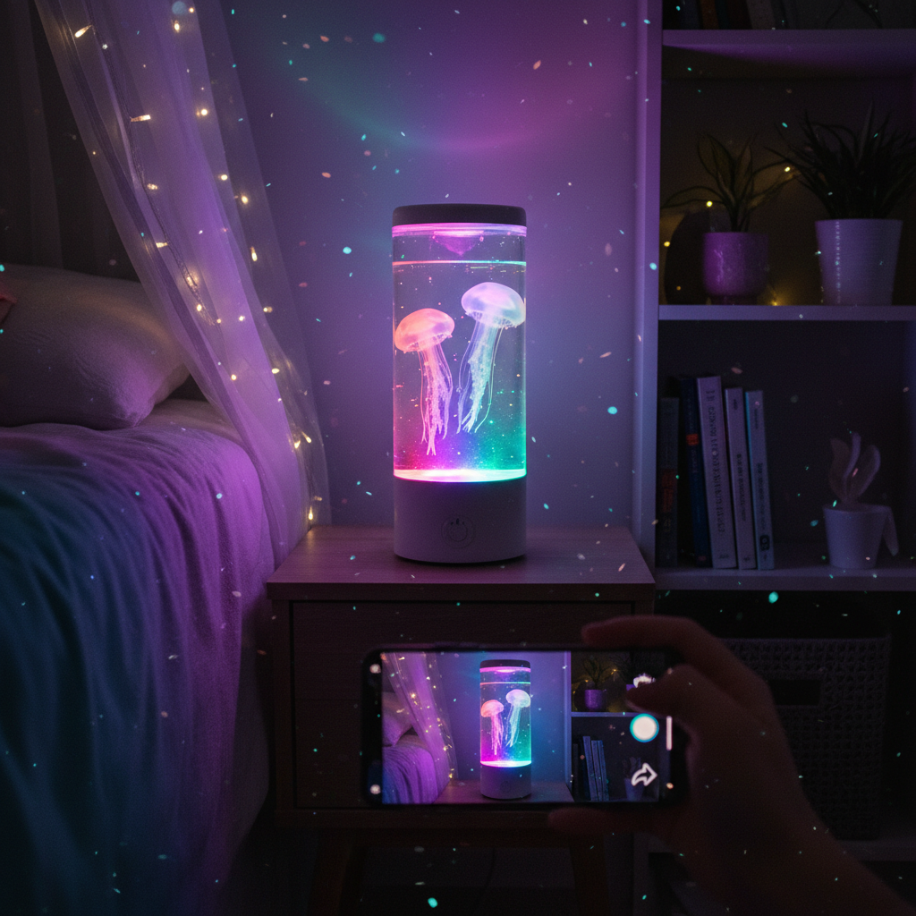 Jellyfish mood lamp glowing in RGB colors in a cozy bedroom