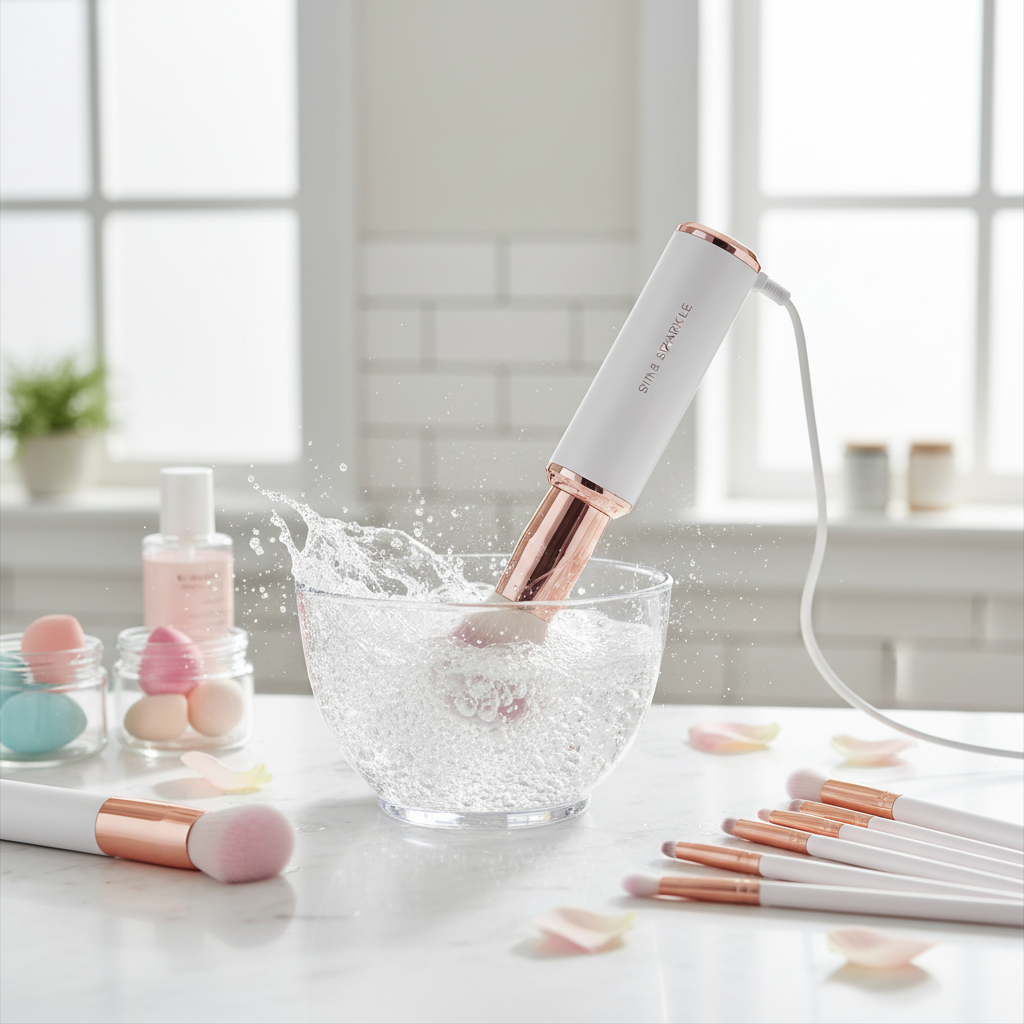 Electric makeup brush cleaner spinning brushes clean on marble vanity