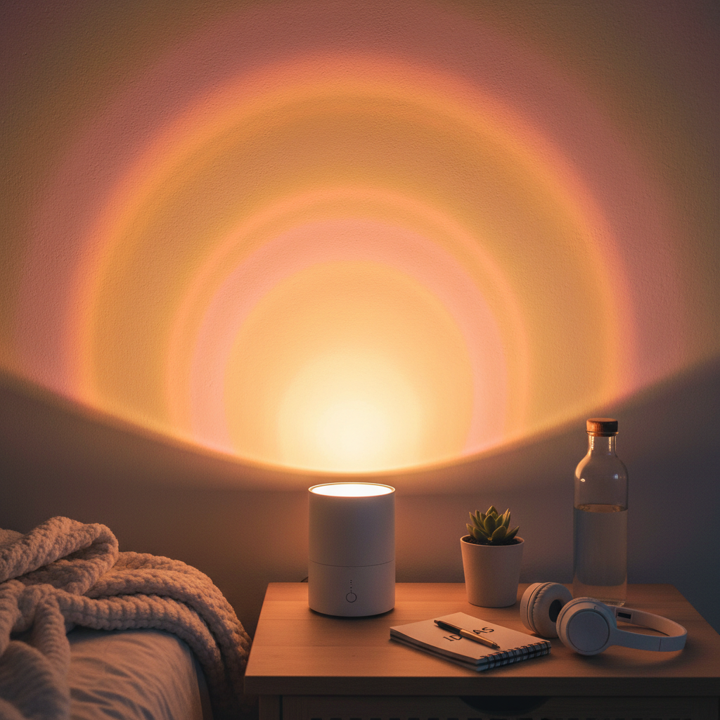 Sunset rainbow projection lamp casting warm golden glow on bedroom wall