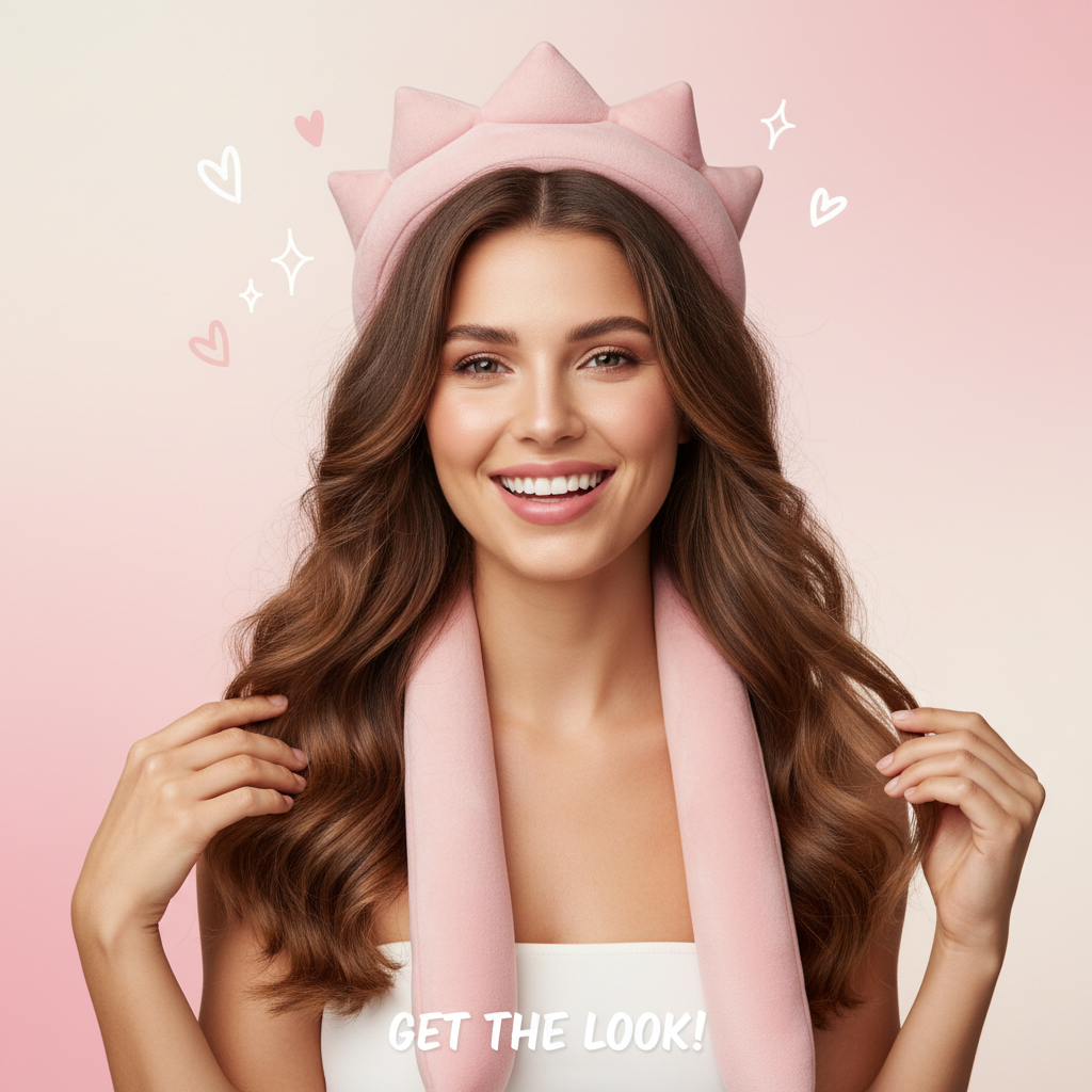 Heatless curling headband with beautiful overnight waves on soft pink background